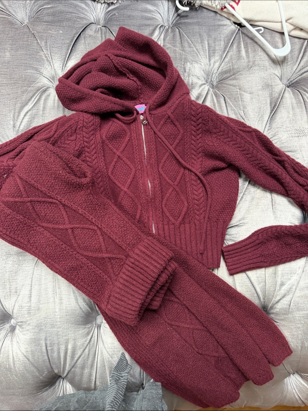 Edikted Women's Hooded Cable Knit Zip Sweater Set- Burgundy